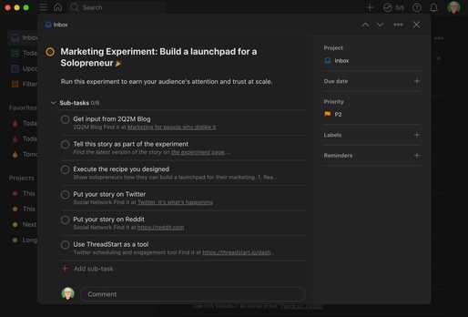 Your Marketing Experiment turns into Tasks in Todoist, automatically Todoist Integration Screenshot